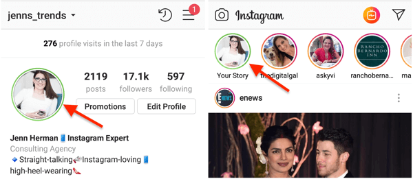 Indicatore circolare verde per l'immagine del tuo profilo Instagram quando hai condiviso una storia con il tuo elenco di amici intimi.