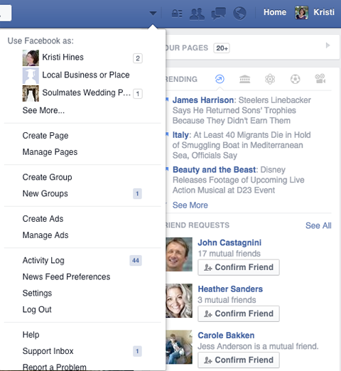 freccia del menu di gestione delle pagine facebook