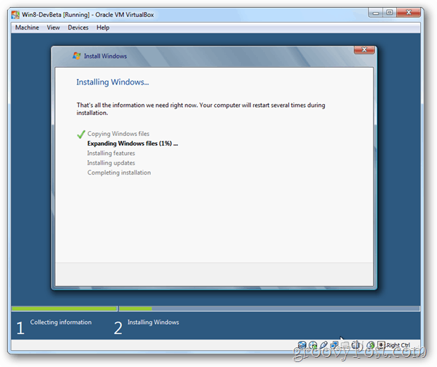 VirtualBox Windows 8 che installa lo schermo di Windows
