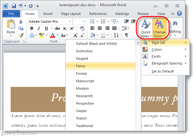 cambia il set di stili di un documento Word 2010