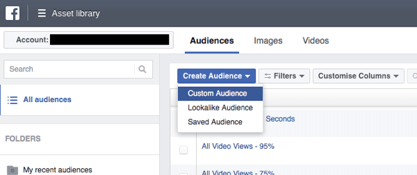 In Facebook Ads Manager, fai clic su Crea pubblico e seleziona Pubblico personalizzato dall'elenco a discesa.