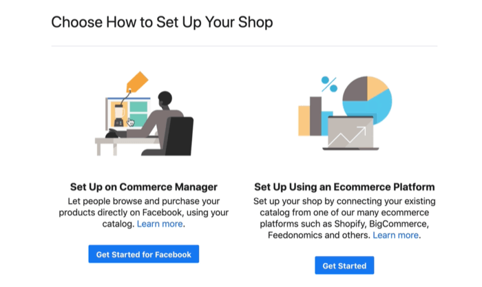 opzioni per configurare il tuo account commerciale Facebook su un gestore commerciale o una piattaforma di e-commerce