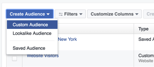 Vai alla sezione Segmenti di pubblico e seleziona l'opzione per creare un pubblico personalizzato di Facebook.