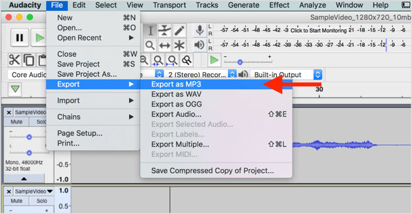 Scegli File> Esporta> Esporta come MP3 per scaricare il file audio da Audacity.