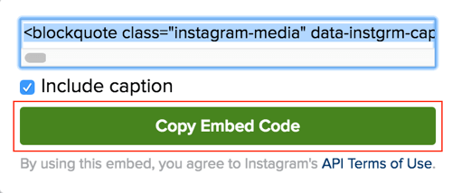 Fare clic sul pulsante verde per copiare il codice di incorporamento del post di Instagram.