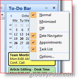 Barra delle attività di Outlook 2007: fare clic con il pulsante destro del mouse per scegliere le opzioni