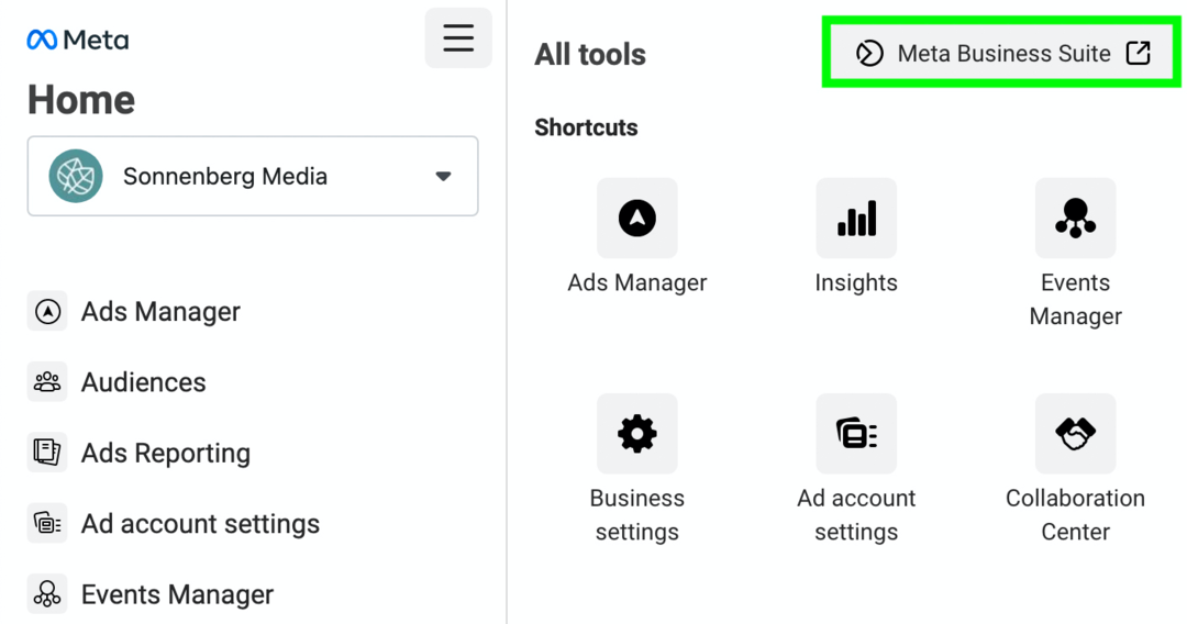 immagine del collegamento a Meta Business Suite dal menu Tutti gli strumenti