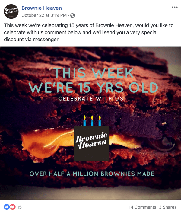 Esempio di post su Facebook con un'offerta di Brownie Heaven.