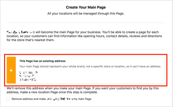 Se la tua pagina Facebook principale ha un indirizzo, viene visualizzato un messaggio di avviso se provi ad aggiungere posizioni.