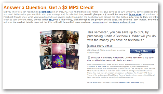 Ottieni un credito MP3 Amazon di $ 2 per un post di Facebook