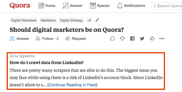 Esempio di marketing su Quora con un annuncio a pagamento.