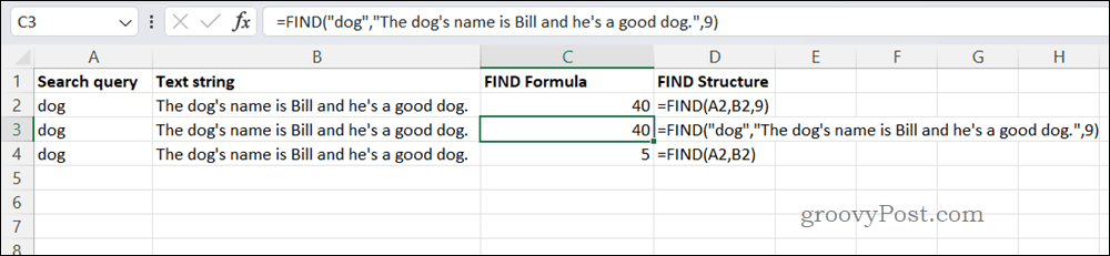 Esempio di formula TROVA in Excel