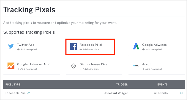 In Eventbrite, fai clic su Pixel di Facebook e inserisci il tuo ID pixel e altri dettagli.