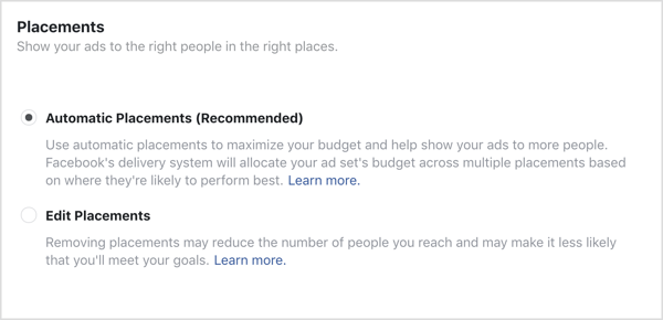 Opzione Posizionamenti automatici selezionata per la campagna Facebook