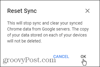 Finestra di dialogo Reimposta sincronizzazione in Chrome per Windows