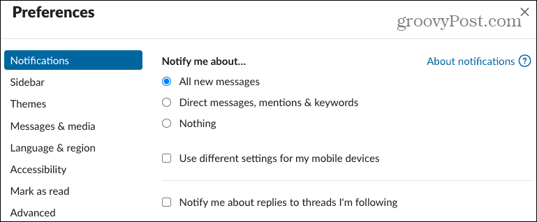 Notifiche delle preferenze in Slack Desktop