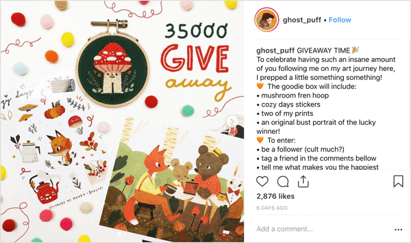 L'artista ghost_puff utilizza uno stile di pubblicazione amichevole e riconoscibile che invita a chiacchierare nella community su Instagram.