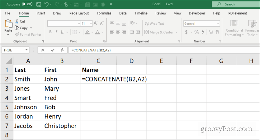 usando concatenato in Excel