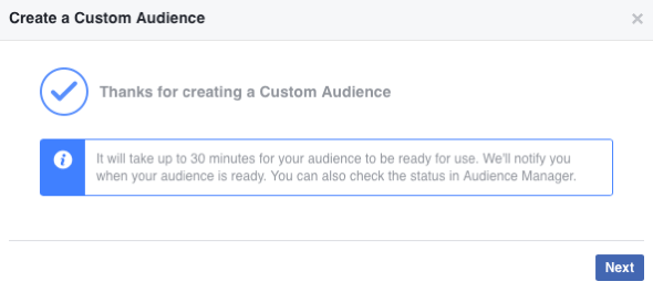 Dopo aver creato il tuo nuovo pubblico personalizzato di Facebook, possono essere necessari fino a 30 minuti per essere compilato.