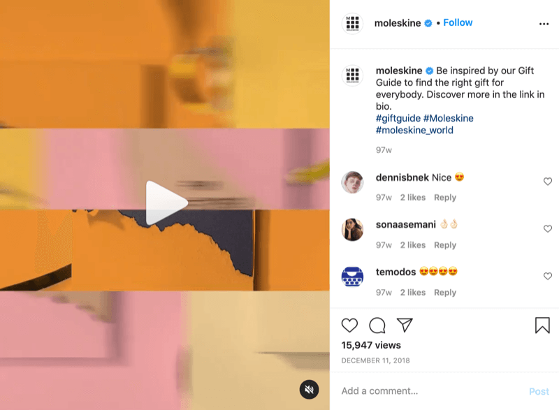 esempio di un video post su instagram di idee regalo da @moleskine con un invito all'azione che indirizza gli spettatori al link nella biografia per ulteriori