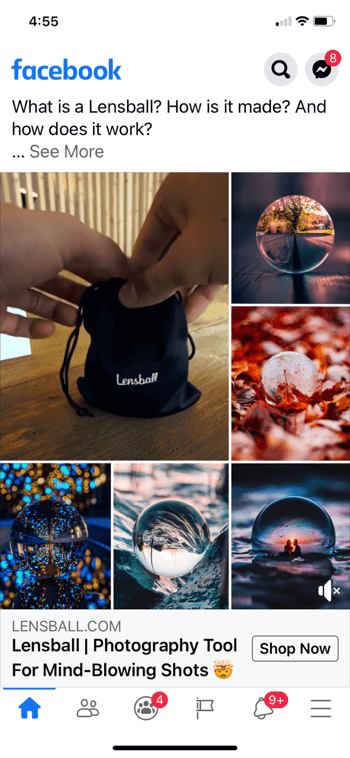 esempio di collage di annunci Facebook per lensball, che mostra il prodotto in una piccola borsa nera con coulisse insieme a 5 scatti di esempio del prodotto in uso nelle immagini