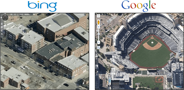 Vista dall'alto di 45 mappe di Google Maps vs. Bing Birds Eye