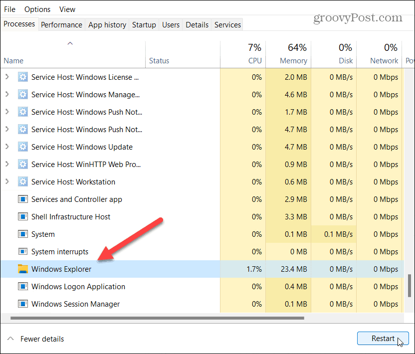 riavviare il task manager di Windows Explorer