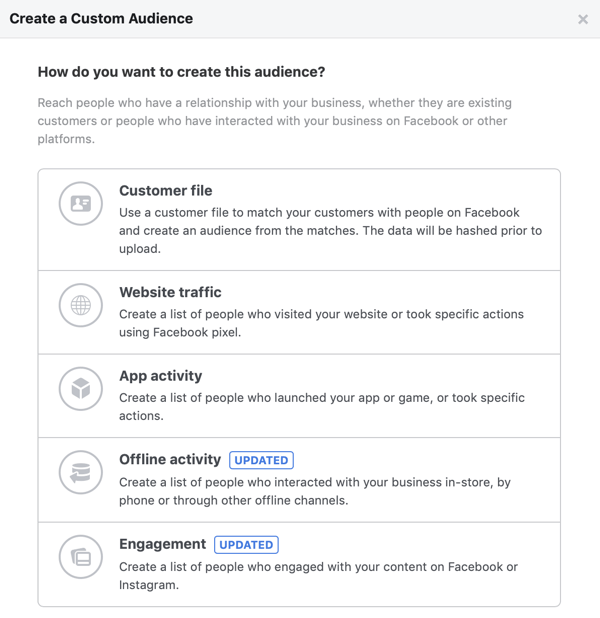 Opzioni per come vuoi creare questo pubblico per il tuo pubblico personalizzato di Facebook.