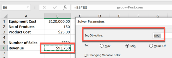 La cella Imposta obiettivo nel Risolutore per Excel