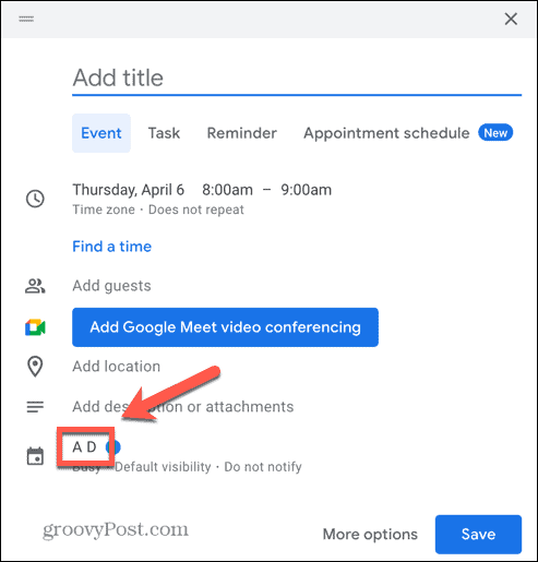 Schermata dell'opzione del calendario degli eventi di Google Calendar