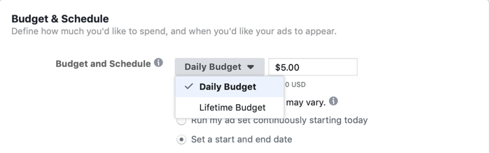 selezionando Budget a vita a livello di set di annunci per la campagna Facebook il giorno della vendita lampo