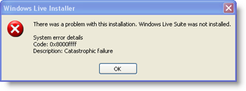 Codice di errore del sistema Windows Live Installer: 0x8000ffff - Errore catastrofico