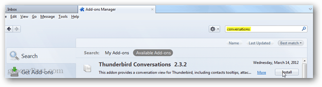 conversazioni thunderbird - installa il componente aggiuntivo tramite la pagina di ricerca