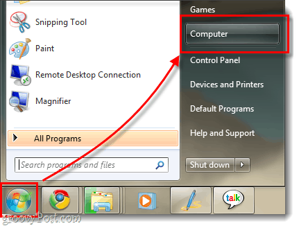 Windows 7 dal menu del mio computer e mostrando il menu di avvio orb