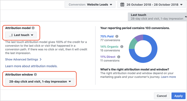 Seleziona la finestra di rapporto predefinita di clic e visita di 28 giorni, impressione di 1 giorno.