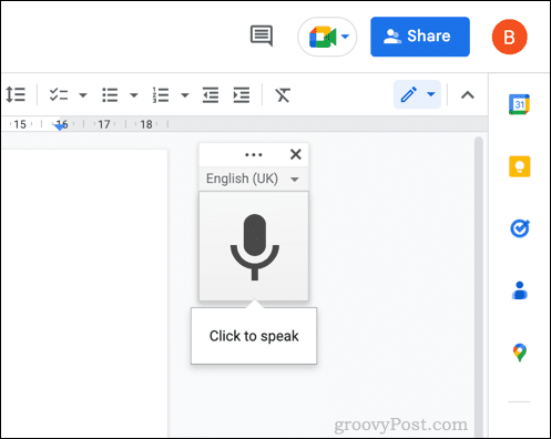 Casella del menu di digitazione vocale in Google Documenti