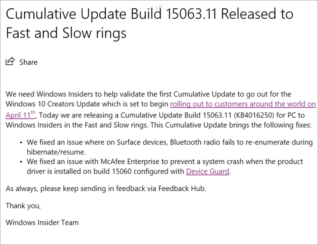 Rilascio del primo aggiornamento cumulativo per Windows 10 Creators Update