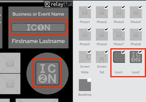 Carica il tuo logo nell'anteprima di Icon1 o Icon2 in RelayThat.
