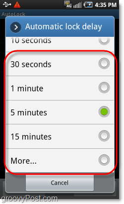 selezionare il tempo di blocco del modello Android