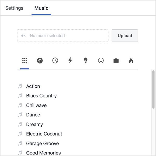 Fai clic sulla scheda Musica e carica il tuo audio o seleziona una traccia dalla libreria di Facebook.