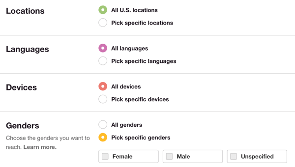 A seconda della tua persona e dei contenuti di Pinterest, potresti voler scegliere come target località o lingue più specifiche.