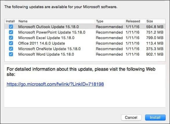 Microsoft Office 2016 per Mac: aggiornamento di gennaio KB3133711