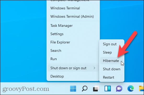 Opzione di ibernazione disponibile nel menu Windows + X in Windows 11