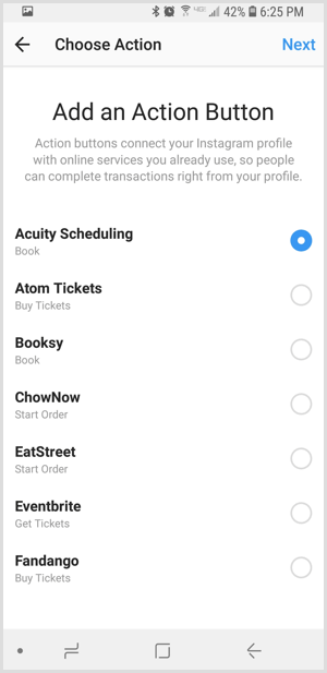 seleziona un'app di terze parti su Instagram Aggiungi una schermata del pulsante di azione