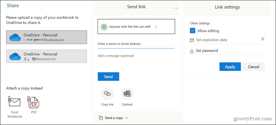Condividi le impostazioni di invio e collegamento di Excel su Windows