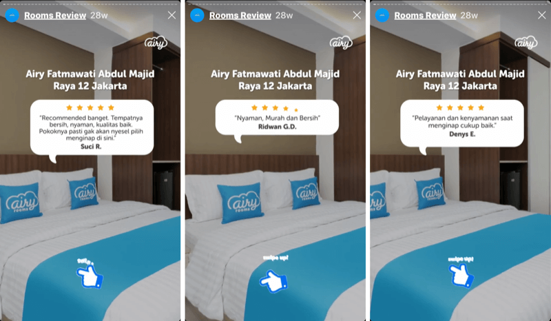 3 segmenti di Instagram Stories con testimonianze dei clienti per AiryIndonesia