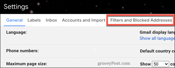 Menu dei filtri di Gmail