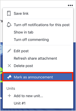 Fai clic sui tre punti in alto a destra nel post del gruppo Facebook e scegli Contrassegna come annuncio dal menu che appare.