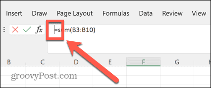 cursore della barra della formula Excel a sinistra di uguale