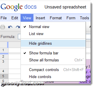 Nascondi le griglie nel menu di Google Documenti